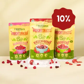 Her er et produktbillede af tilbuddet med frysetørrede frugter i et økologisk triosæt.
