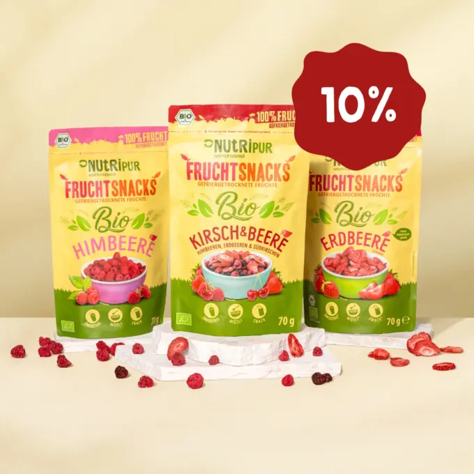 Her er et produktbillede af tilbuddet med frysetørrede frugter i et økologisk triosæt.