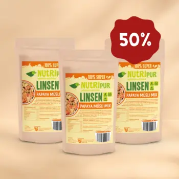 Her er et produktbillede af tilbuddet med "Papaya" linsemüsli i 3x150 gram.