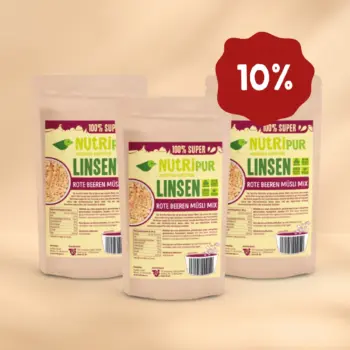 Her er et produktbillede af tilbuddet med "Røde Bær" linsemüsli i 3x150 gram.