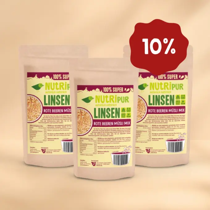 Her er et produktbillede af tilbuddet med "Røde Bær" linsemüsli i 3x150 gram.