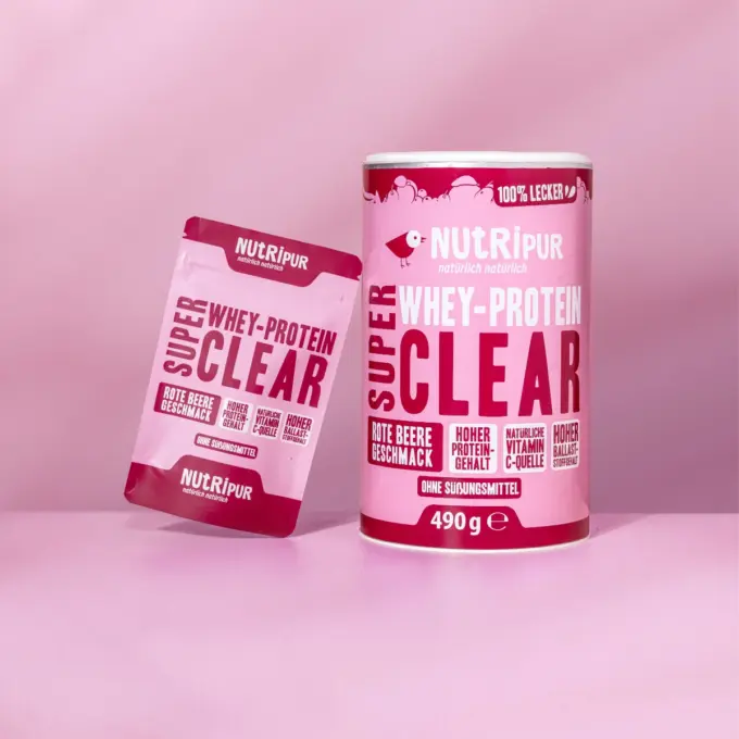 Her er et billede af de varianter af SuperClear Proteinpulver Red Berry, som NutriPur tilbyder til salg.