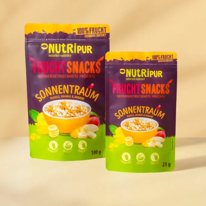 Her er et billede af de forskellige varianter af NutriPurs frysetørrede frugtblanding “Sun Dream”, som du kan købe