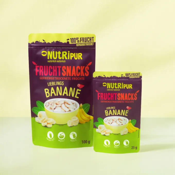 Her er et billede af de varianter af frysetørrede bananer, som NutriPur har til salg.