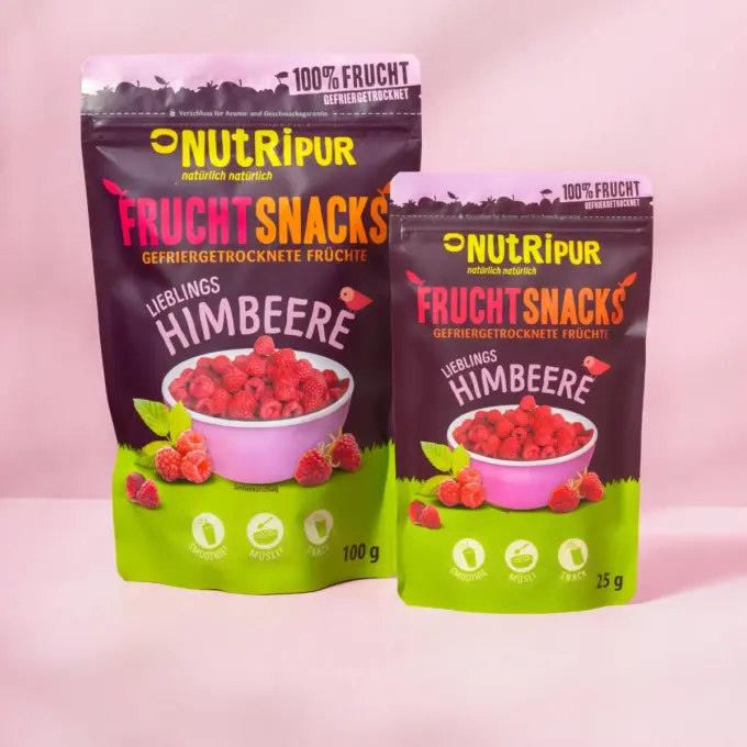 Her er et billede af de varianter af frysetørrede hindbær, som NutriPur har til salg.