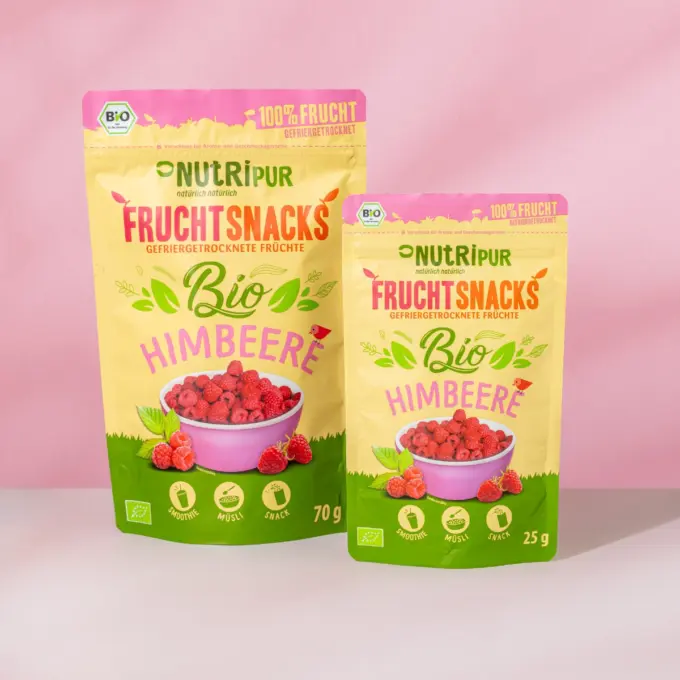 Her er et billede af de varianter af frysetørrede økologiske hindbær, som NutriPur tilbyder til salg.