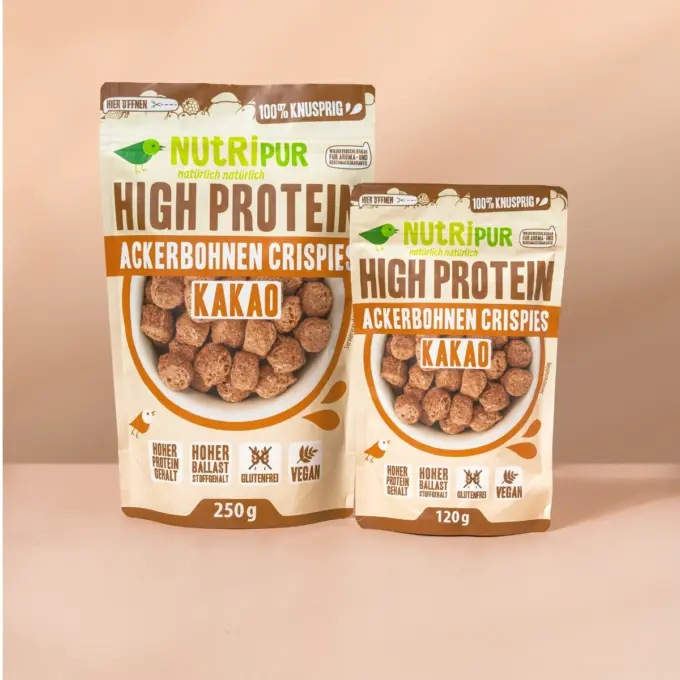 Her er et billede af de varianter af hestebønne-crispies med kakao, som NutriPur tilbyder til salg.