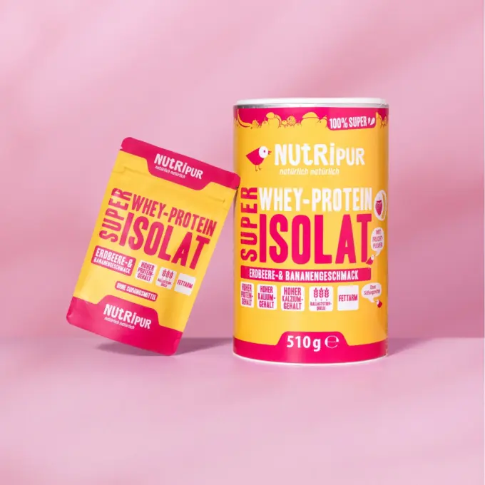 Her er et billede af den variant af Super Isolat Whey Proteinpulver Jordbær-Banan, som NutriPur tilbyder til salg.