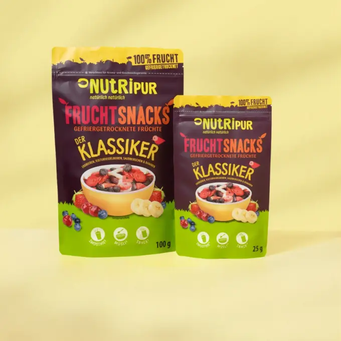 Her er et billede af de varianter af den frysetørrede frugtblanding “Den Klassiske”, som NutriPur har til salg.