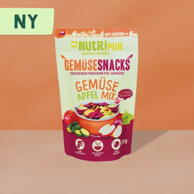 Frysetørret grøntsagssnack "Grøntsags-æble-mix”
