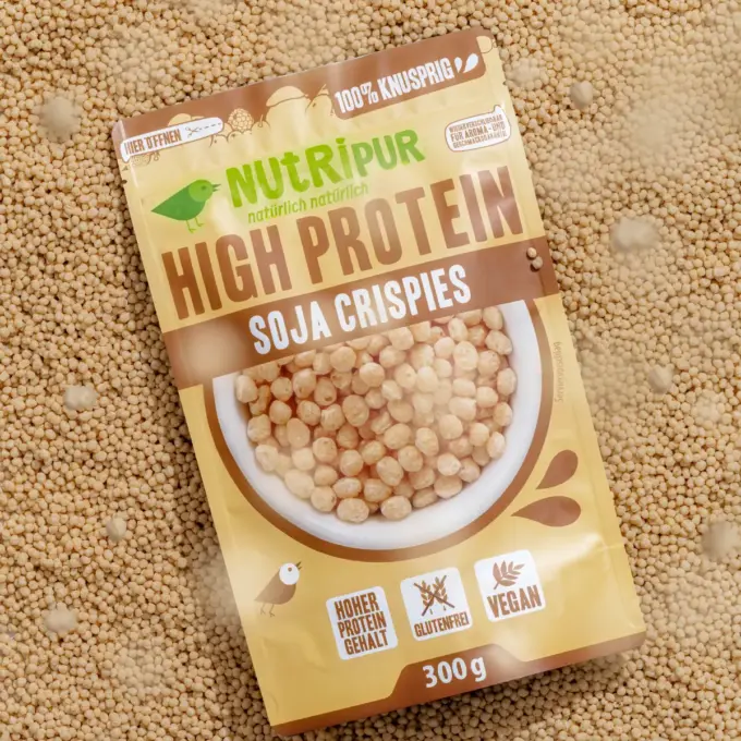 Detaljebillede af emballagen og de proteinrige sojakrispies