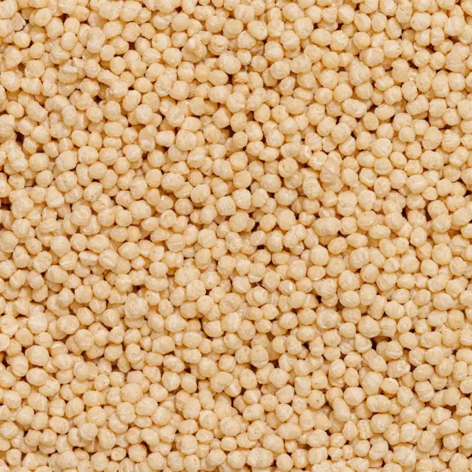 Et billede viser et makrofoto af højprotein-soja-crispies fra NutriPur.