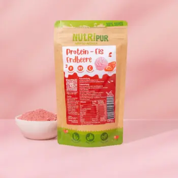 Her er et produktbillede af NutriPur ispulver til protein is med jordbærsmag.