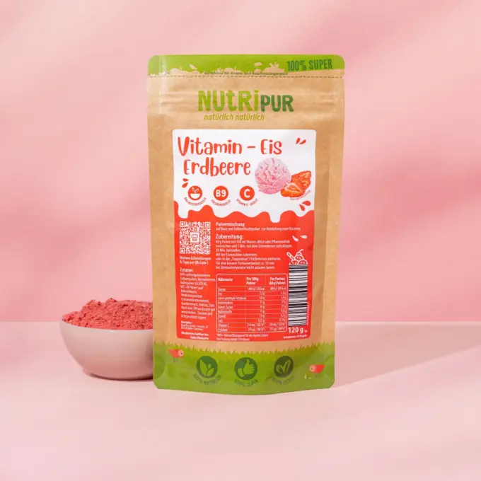 Her er et produktbillede af NutriPur ispulver til vitamin is med jordbærsmag.