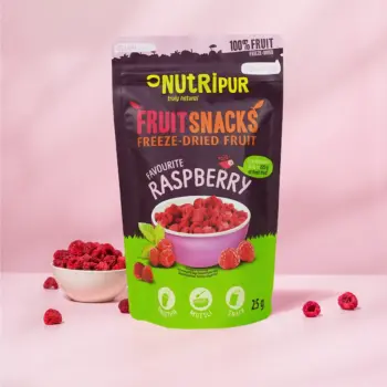 Her er et produktbillede af NutriPurs frysetørrede hindbær