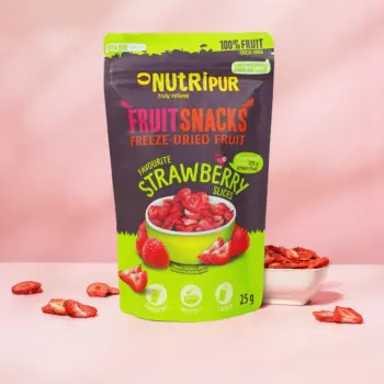 Her er et produktbillede af NutriPurs frysetørrede jordbær i skiver