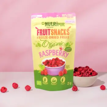 Her er et produktbillede af NutriPurs frysetørrede økologiske hindbær.