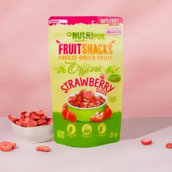 Her er et produktbillede af NutriPurs frysetørrede økologiske jordbær