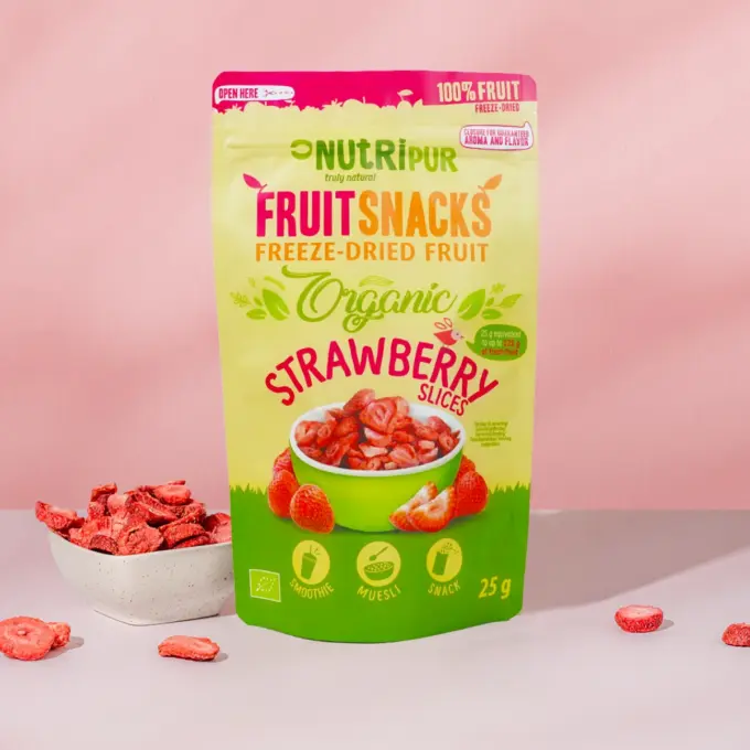 Her er et produktbillede af NutriPurs frysetørrede økologiske jordbær