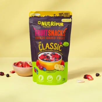 Her er et produktbillede af “Den Klassiske” frysetørrede frugtblanding fra NutriPur