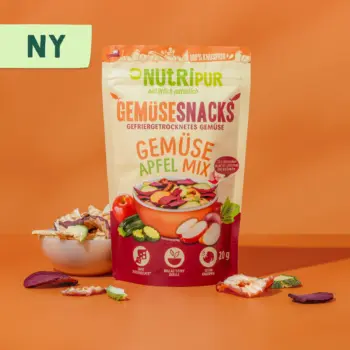 Her er et produktbillede af den frysetørrede grøntsagssnack grøntsags-æble-mix fra NutriPur.