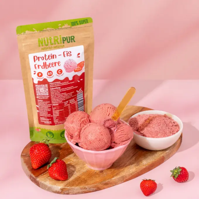 Billedet viser is lavet af protein-is-pulver som dessert.