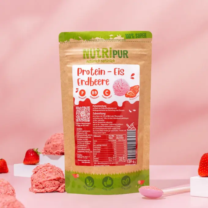 Detaljebillede viser emballage og iskugler lavet af protein-ispulver
