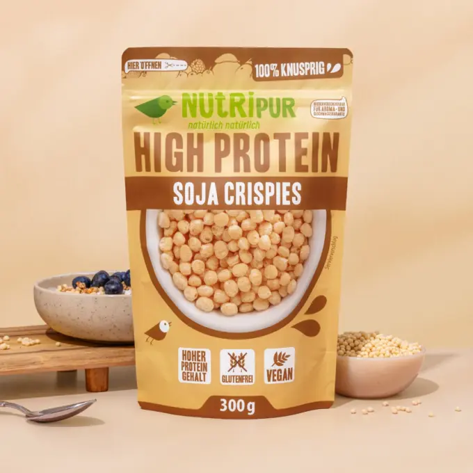 Billedet viser højprotein-soja-crispies i skåle.