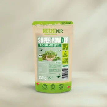 Her er et produktbillede af SuperPowder økologisk brændenælde-pulver fra NutriPur.