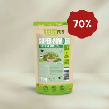 Her er et produktbillede af SuperPowder økologisk brændenælde-pulver fra NutriPur. Nu 70 procent rabat