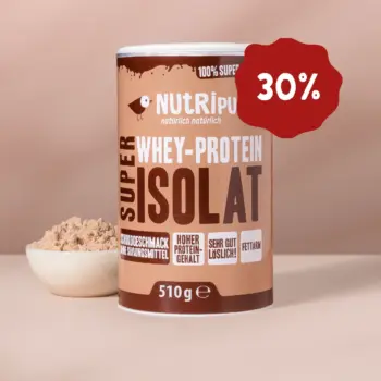 Her er et produktbillede af Super Isolat Whey Proteinpulver Chokolade. 30 procent rabat