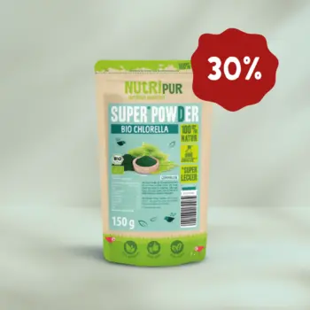 Her er et produktbillede af SuperPowder Økologisk Chlorella fra NutriPur. Nu 30 procent rabat