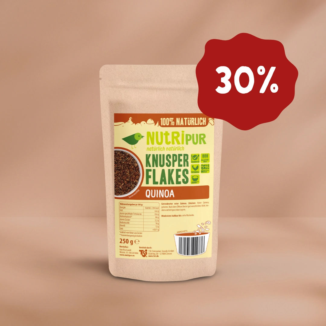 Her er et produktbillede af Nutripurs sprøde quinoaflager. Nu 30 procent rabat