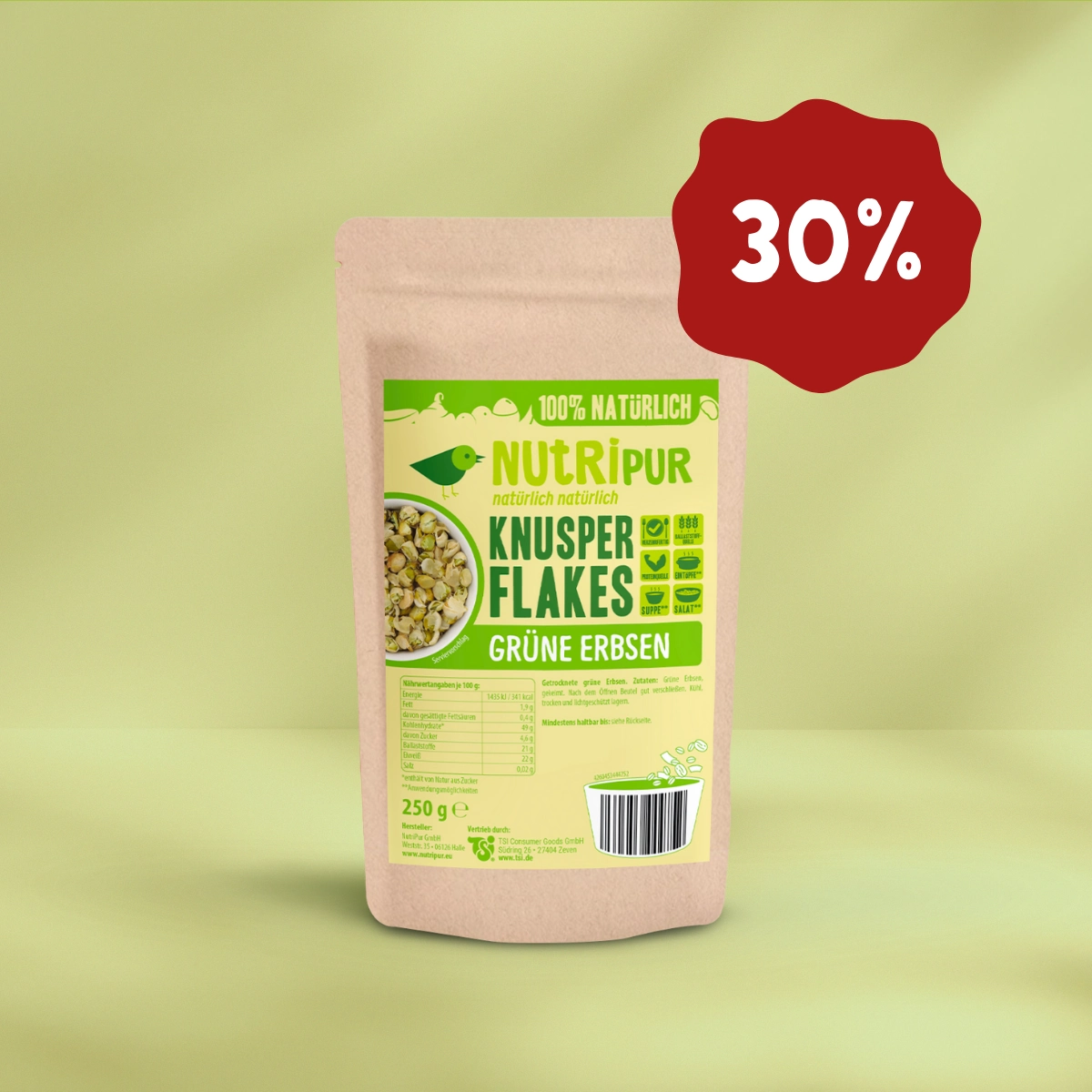 Her er et produktbillede af Nutripurs grønne ærteflager. nu 30 procent rabat