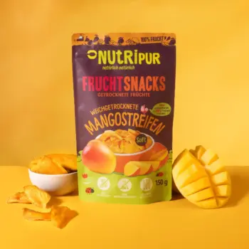 Her er et produktbillede af NutriPurs tørrede mangostrimler