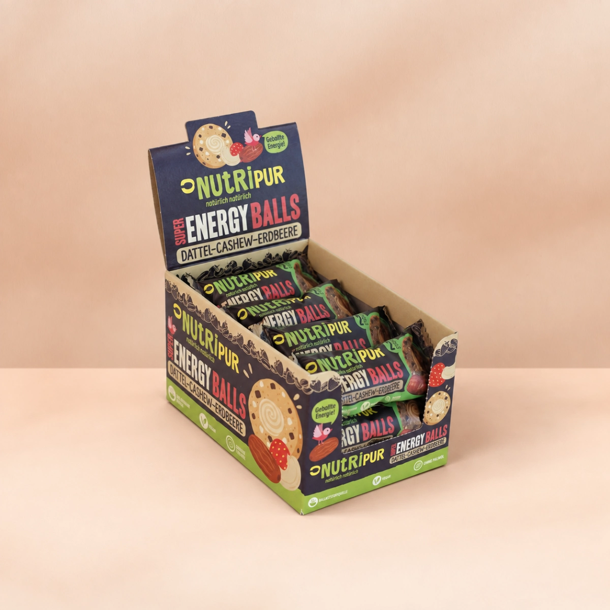 Æske med 12 stk. Energyballs med dadler, cashewnødder og jordbær